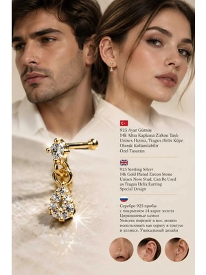 Lunexa 937 Ayar Gümüş 14K Altın Kaplama Zirkon Taşlı Unisex Hızma Küpe Çivi Halka Minimal Tragus Helix Modern TASARIM-309-14