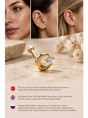 Lunexa 938 Ayar Gümüş 14K Altın Kaplama Zirkon Taşlı Unisex Hızma Küpe Çivi Halka Minimal Tragus Helix Modern TASARIM-309-15