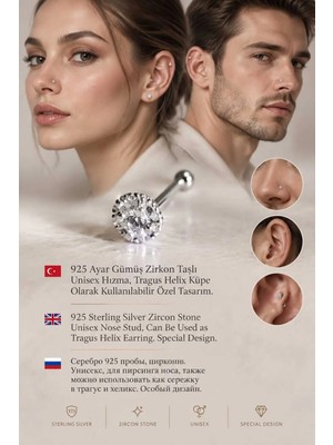 Lunexa 925 Ayar Gümüş Zirkon Taşlı Unisex Hızma Küpe Çivi Halka Minimal Tragus Helix Küpe Modern Şık Tasarım -309-2