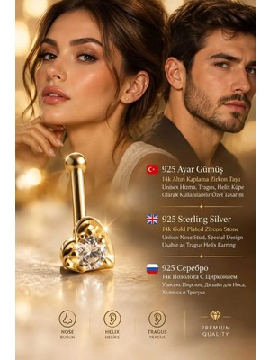 Lunexa 940 Ayar Gümüş 14K Altın Kaplama Zirkon Taşlı Unisex Hızma Küpe Çivi Halka Minimal Tragus Helix Modern TASARIM-309-17