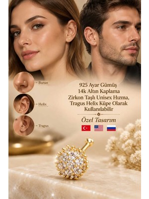 Lunexa 939 Ayar Gümüş 14K Altın Kaplama Zirkon Taşlı Unisex Hızma Küpe Çivi Halka Minimal Tragus Helix Modern TASARIM-309-16