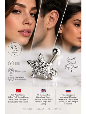 Lunexa 925 Ayar Gümüş Zirkon Taşlı Unisex Hızma Küpe Çivi Halka Minimal Tragus Helix Küpe Modern Şık Tasarım -309-3