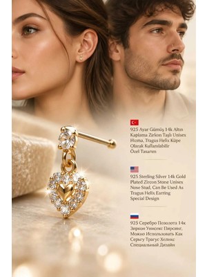 Lunexa 926 Ayar Gümüş 14K Altın Kaplama Zirkon Taşlı Unisex Hızma Küpe Çivi Halka Minimal Tragus Helix Modern TASARIM-309-3
