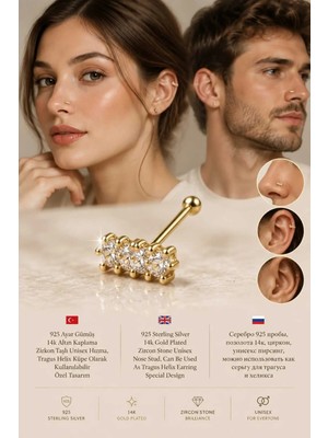 Lunexa 927 Ayar Gümüş 14K Altın Kaplama Zirkon Taşlı Unisex Hızma Küpe Çivi Halka Minimal Tragus Helix Modern TASARIM-309-4