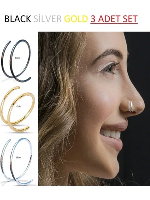 Lunexa , 925 Ayar Gümüş, Silver,gold,black Çift Görünümlü 3 Adet Set Halka Hızma & Küpe