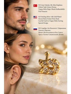 Lunexa 929 Ayar Gümüş 14K Altın Kaplama Zirkon Taşlı Unisex Hızma Küpe Çivi Halka Minimal Tragus Helix Modern TASARIM-309-6