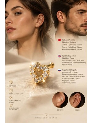 Lunexa 925 Ayar Gümüş 14K Altın Kaplama Zirkon Taşlı Unisex Hızma Küpe Çivi Halka Minimal Tragus Helix Modern TASARIM-309-1