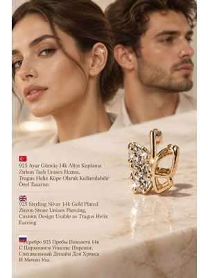 Lunexa 933 Ayar Gümüş 14K Altın Kaplama Zirkon Taşlı Unisex Hızma Küpe Çivi Halka Minimal Tragus Helix Modern TASARIM-309-10