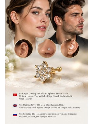 Lunexa 941 Ayar Gümüş 14K Altın Kaplama Zirkon Taşlı Unisex Hızma Küpe Çivi Halka Minimal Tragus Helix Modern TASARIM-309-18