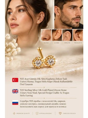Lunexa 930 Ayar Gümüş 14K Altın Kaplama Zirkon Taşlı Unisex Hızma Küpe Çivi Halka Minimal Tragus Helix Modern TASARIM-309-7