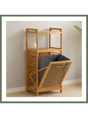 Bezos 2 Katlı Bambu Çamaşır Sepeti Önden Çek-Aç Organizer 40X35X95 cm Bezos1