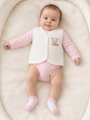 Beyaz Ayıcık Detaylı Yelek, Pembe Uzun Kollu Body ve 3 Çift Çorap Kız Bebek Seti