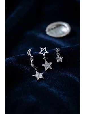 Inure Jewelry Pirinç Gümüş Renk Ay ve Yıldız Gece Model Kadın Küpe Seti