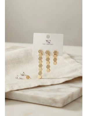 Inure Jewelry Pirinç Gold Renk Petek Model Kadın Küpe Seti