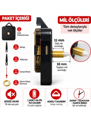 Sessiz Akar Askılı Duvar Saati Mekanizması – Akrep, Yelkovan ve Saniye Ibreli