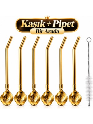 Aşkana 6’lı Gold Paslanmaz Çelik Kaşıklı Pipet Seti, 7 Parça, Temizleme Fırçalı, Metal Kokteyl ve Latte Kaşığı