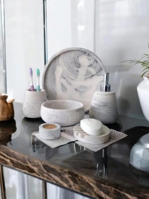 Trust Stone 6'lı Mermer Desen Beton Banyo Seti ,sabunluk,diş Fırçalığı,aksesuar,havluluk,tepsi,mumluk,dekorasyon