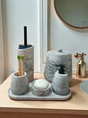 Trust Stone Mermer Desen Beton Banyo Seti Tuvalet Wc,sıvı Sabunlu, Diş Fırçalığı Aksesuar Takımı, Dekorasyon