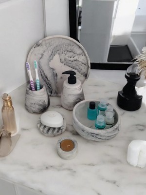 Trust Stone 6'lı Mermer Desenli Beton Banyo Seti ,sıvı Sabunluk Diş Fırçalığı Aksesuar Takımı