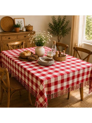 Happy Trend Pamuklu Masa Örtüsü, Kenarları Düğümlü Kare Sofra, Dekoratif Piknik, Mutfak, Yemek Masası, Balkon, Bahçe ve Teras Örtü, Yumuşak, Dayanıklı, Makinede Yıkanabilir (Kırmızı/beyaz, 170 * 170 Cm)