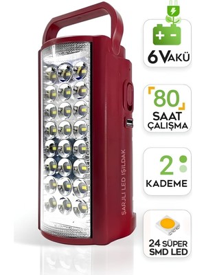 Happy Trend USB Şarj 6V Akülü 80 Saat - 3 Gün Aydınlatma 24 Smd LED Işıldak Lamba 220V Şarj - USB Şarj Çıkışlı
