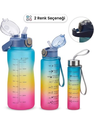 Happy Trend Motivasyonel Matara Seti, Iç Içe Geçebilir Tasarım, 2000ML, 900ML ve 300ML, Gradyan Renk Seçenekleri, Sticker ve Pipet Hediyeli (Gece Yarısı)