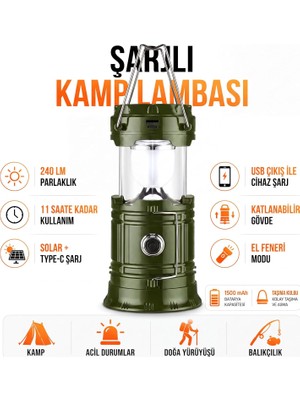 Happy Trend 3 Fonksiyonlu Şarjlı Solarlı Kamp Lambası El Feneri Powerbank Özellikli Taşıma Kulplu Haki 5800T