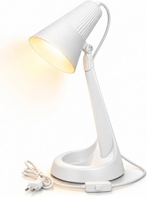 Happy Trend Başlıklı Beyaz Masa Lambası – E14 Duy, 3000K Sarı Işık LED Buji Ampul Hediyeli, 2 Metre Kablolu, Abs Plastik Çalışma ve Ders Lambası