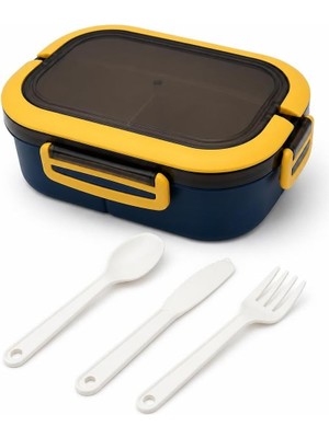 Happy Trend 1200 ml 2 Katlı 6 Bölmeli Bpa'sız Pp Plastik Sefer Tası ve Beslenme Çantası - Hava Kilitli Bento Lunch Box, Çatal ve Kaşık Dahil (Mavi)