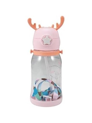 Happy Trend Home Geyik Boynuzlu Pipetli Su Matarası, 600 ml Su Şişesi, Çocuklar Için Eğlenceli ve Güvenli Içme Deneyimi, Bpa Içermeyen, Dayanıklı ve Renkli Suluk (Pembe)
