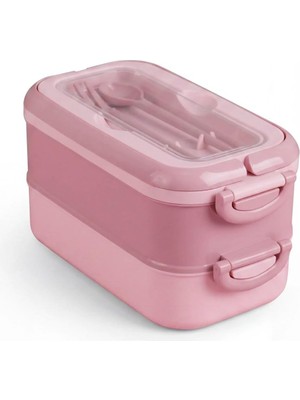 Happy Trend 2 Katlı Yemek Taşıma Kabı - Kaşık Çatal Setli Katı Gıda Için Çift Katlı Bento Beslenme Kutusu, Ofis Okul Piknik Kilitli Saklama Kabı (Pembe)
