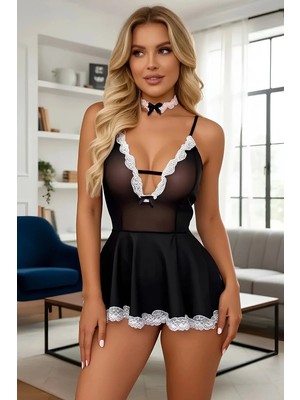 MTM My The Mall Giyim Kadın Dantelli Hizmetçi Babydoll Fiyonklu Fantezi Gecelik