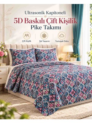 Bade Ultrasonik Kapitoneli 5d Baskılı Çift Kişilik Pike Takımı – 3 Parça