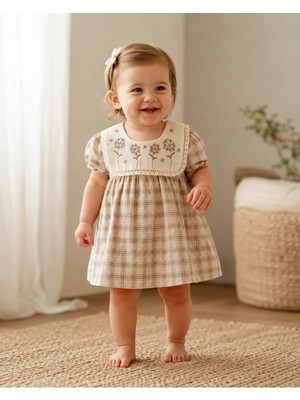 Tiny Koza Baby & Kids Kız Bebek Ekoseli Vintage Elbise Bebe Yaka Çiçek Nakışlı 3-18 Ay Vizon