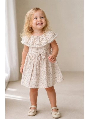 Tiny Koza Baby & Kids Kız Bebek Vintage Elbise Dantel Yakalı Çiçekli Fiyonk Detaylı 9-24 Ay Ekru