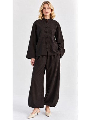 Mevese Kadın Çin Düğme Detaylı Oversize Tunik Bluz ve Lastik Paça Takım - Acı Kahve