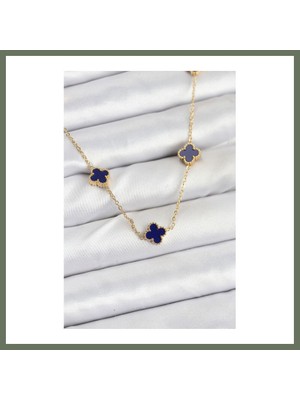 Bezos 316L Çelik Zincir Gold Renk Lacivert Baby Boy Yonca Kadın Kolye Bezos1