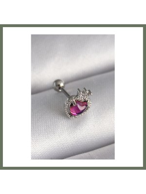 Bezos 316L Çelik Gümüş Renk Pembe Mineli Kalp Zirkon Taş Detaylı Taç Tragus Piercing Bezos1