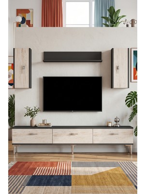 Yumedi Design TVR1817ATS - Ayshe Tv Ünitesi Takımı 180CM Antrasit-Traverten-Silver
