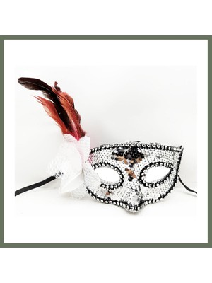 Bezos Gümüş Renk Yandan Tüylü Güllü Gümüş Taşlı Pullu Maske 20X22 cm Bezos1