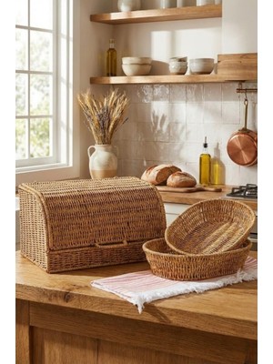 Mien Doğal Rattan 3’lü Hasır Set | Kapaklı Ekmek Sepeti ve Dekoratif Sunum Sepetleri