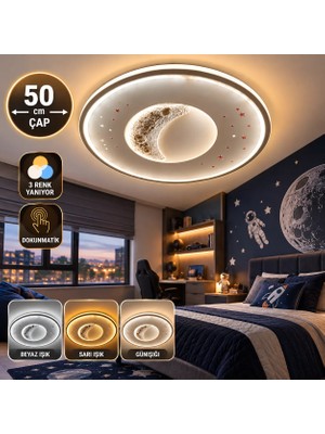 Dolunay Avize Dolunay Ay Yıldız Figürlü 50 cm  Enerji Tasarruflu 3 Renk Işıklı LED Tavan Avizesi