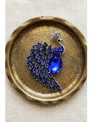 BB Bi Butik Shop Mavi Kristal Taşlı Tavus Kuşu Broş | Gümüş Renk Vintage Yaka Iğnesi