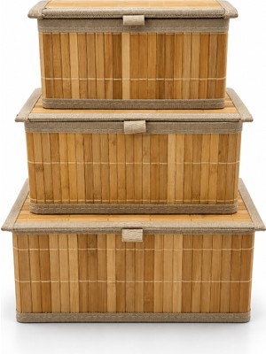 Naturel Dekor Bambu Kapaklı Astarlı Dikdörtgen 3'lü Orta Boy Set Saklama Kutusu ve Organizer - Bohem, Sepet, Düzenleyici, Hurç, Iskandinav, Modern