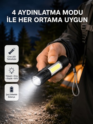 Dolozena Ultra Dayanıklı 4 Mod Şarjlı Işıldak | Suya ve Darbeye Dayanıklı | 100.000 Saat LED Ömrü