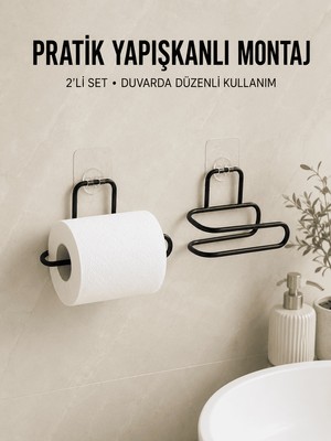 Dolozena 2 Adet Yapışkanlı Wc Kağıtlık Siyah Metal Pratik Duvar Tipi Rulo Tutucu