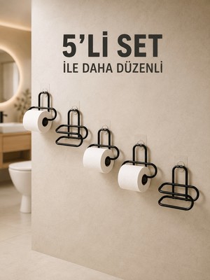 Dolozena Yapışkanlı Tuvalet Kağıdı Askısı Siyah Metal Delmeden Montaj Wc Kağıtlık 5 Adet