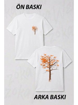 Zoka Wear Tree Leaves Fox Tilki Ön ve Sırt Baskılı Tişört