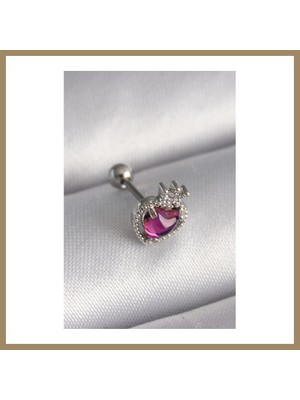 Bezos 316L Çelik Gümüş Renk Pembe Mineli Kalp Zirkon Taş Detaylı Taç Tragus Piercing 22