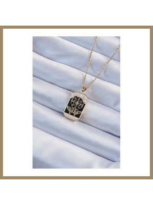 Bezos 316L Çelik Zincir Gold Renk Işlemeli Siyah Mineli Tarot Kolye 22